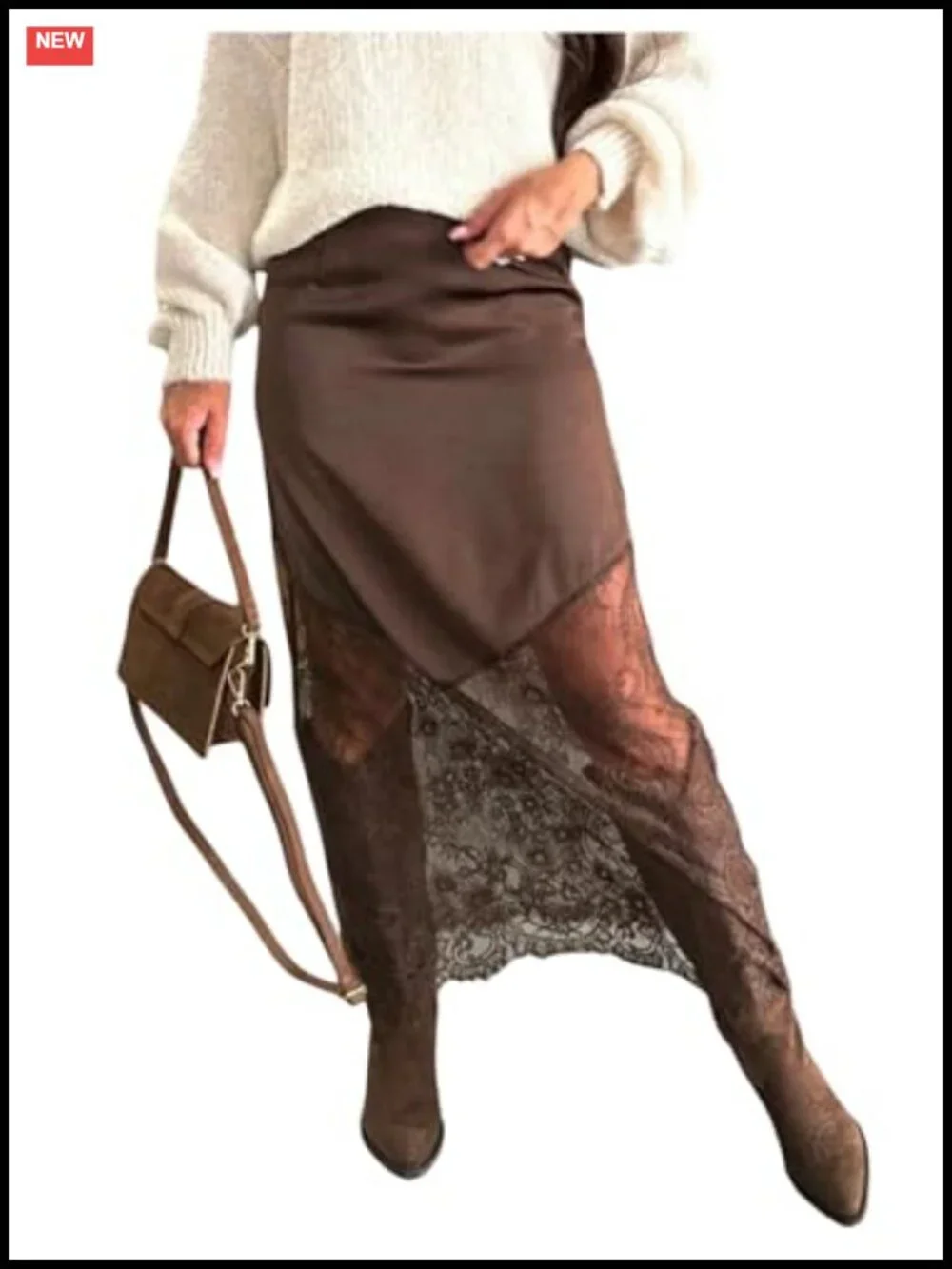 Women's Lace Maxi Skirt Satin Asymmetrical Patchwork High Waist Bodycon